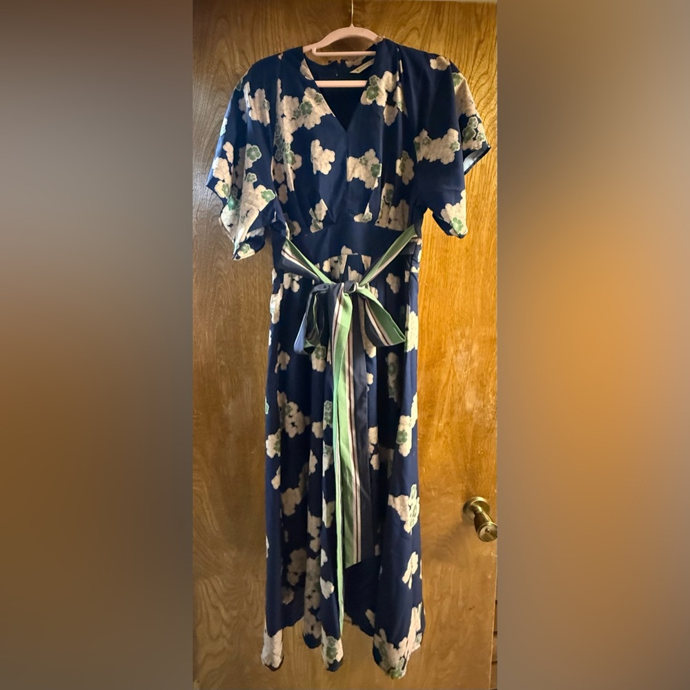 Navy Floral Midi Dress with Belt - Picture 2 of 2
